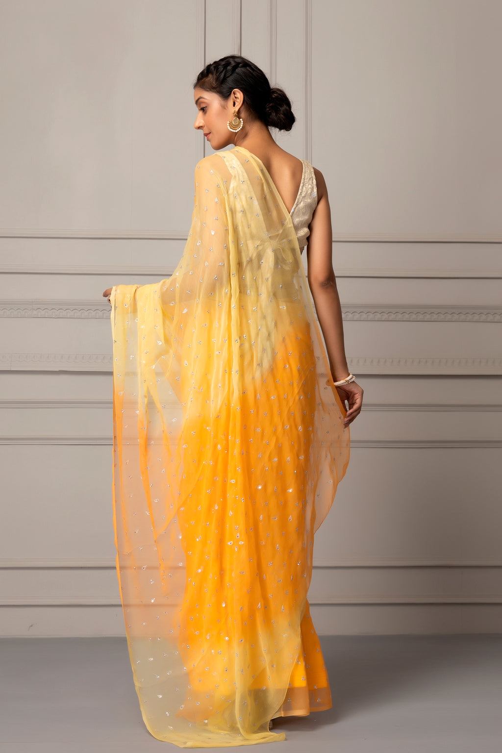 Yellow Shaded Hand Embroidered Chiffon Saree