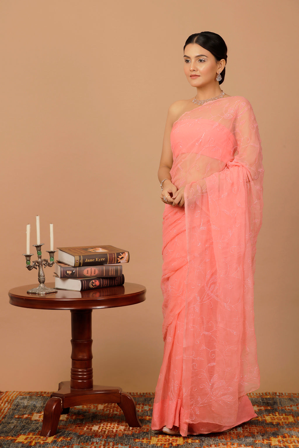 Pink Handcrafted Sequin Jaal Chiffon Saree