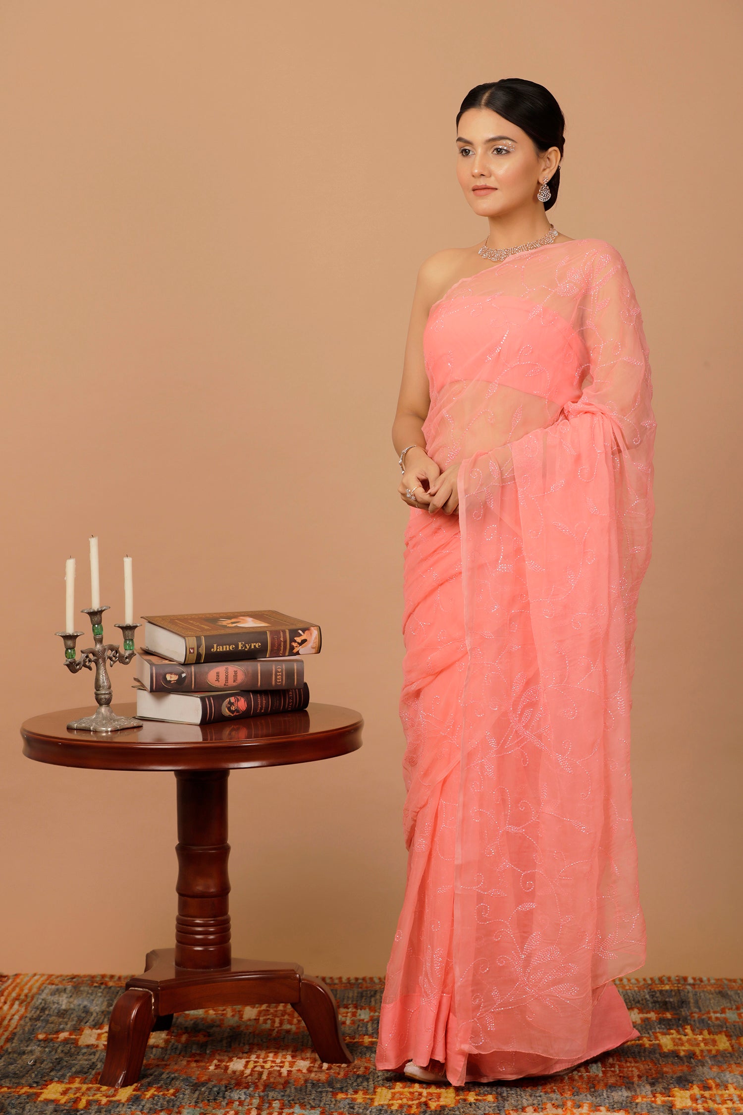 Pink Handcrafted Sequin Jaal Chiffon Saree