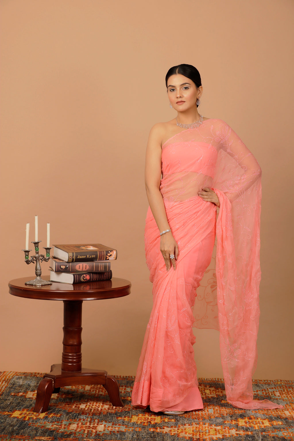 Pink Handcrafted Sequin Jaal Chiffon Saree