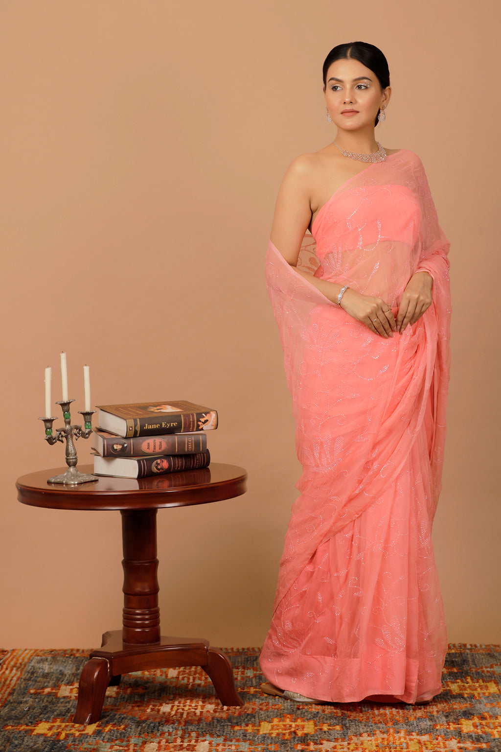 Pink Handcrafted Sequin Jaal Chiffon Saree