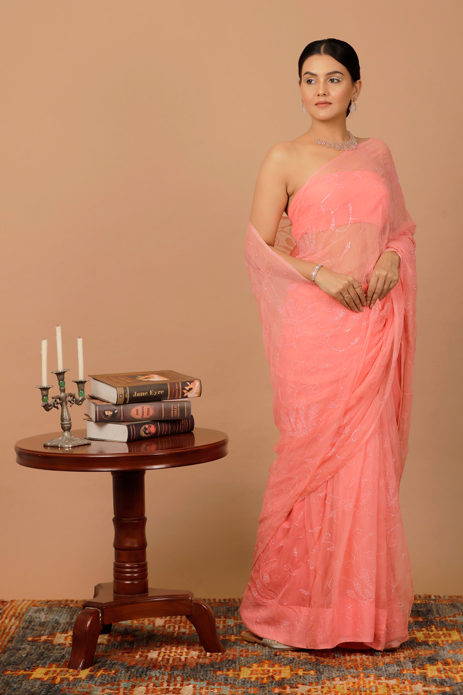 Pink Handcrafted Sequin Jaal Chiffon Saree