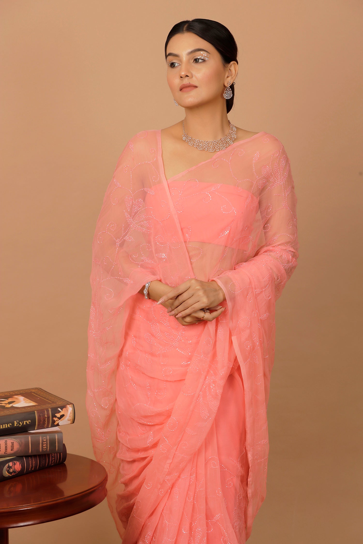 Pink Handcrafted Sequin Jaal Chiffon Saree