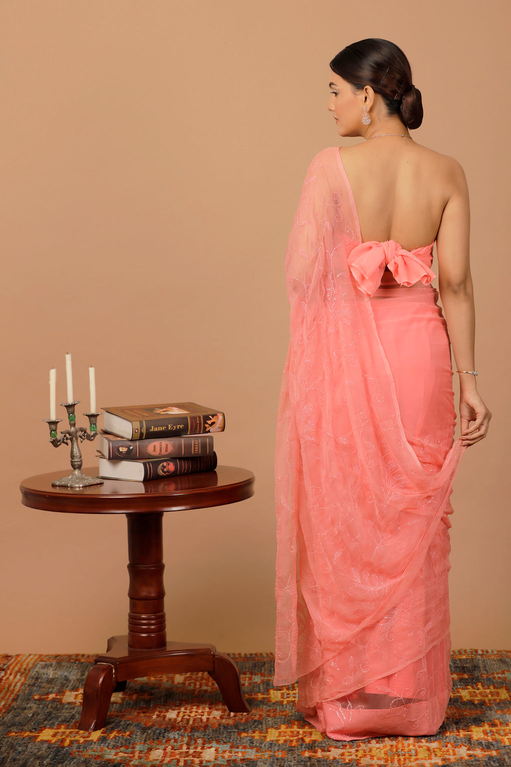 Pink Handcrafted Sequin Jaal Chiffon Saree