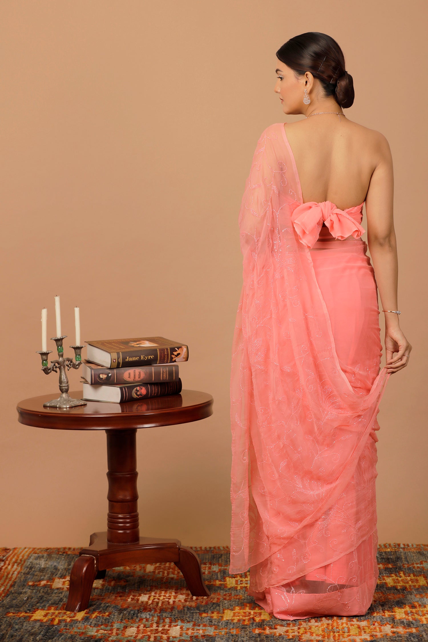 Pink Handcrafted Sequin Jaal Chiffon Saree