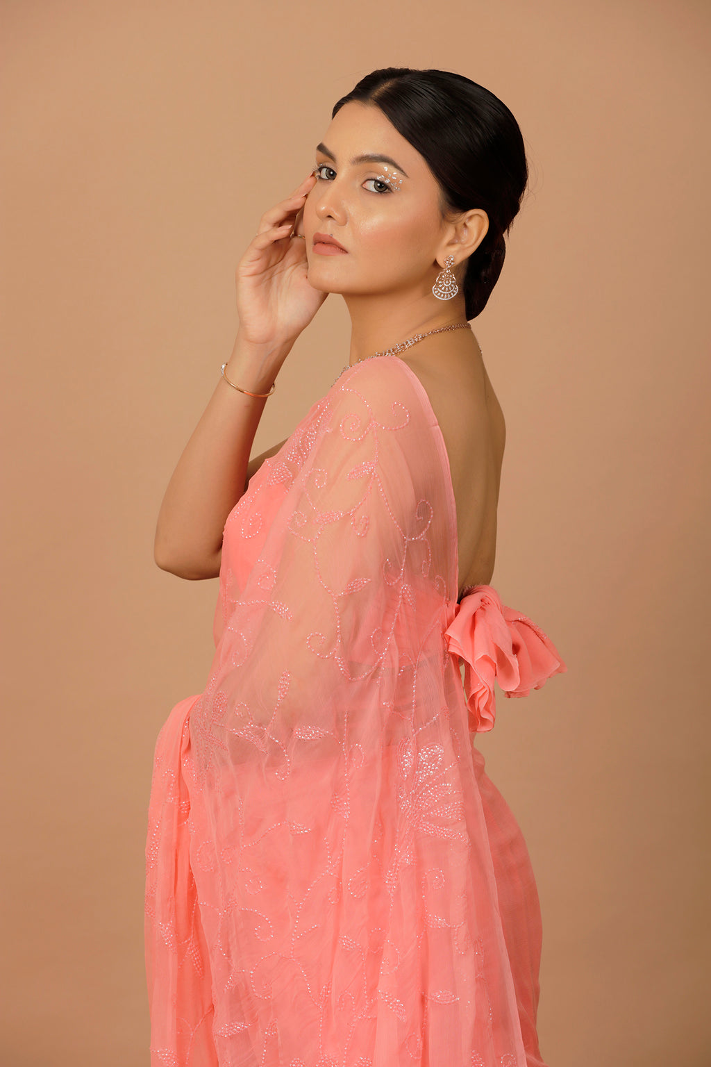 Pink Handcrafted Sequin Jaal Chiffon Saree