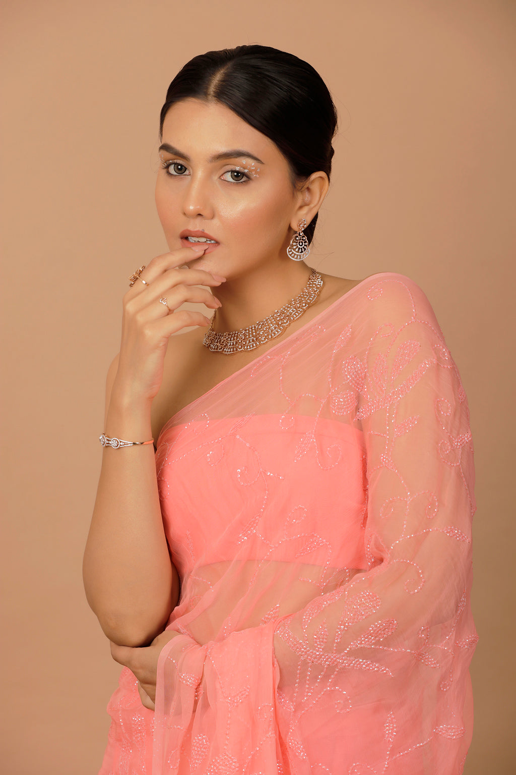Pink Handcrafted Sequin Jaal Chiffon Saree