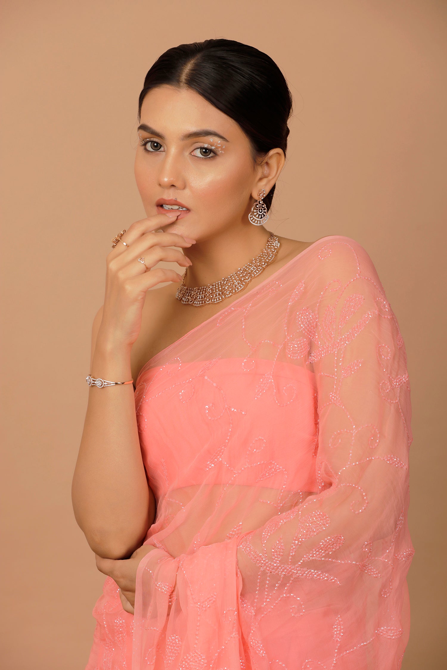 Pink Handcrafted Sequin Jaal Chiffon Saree