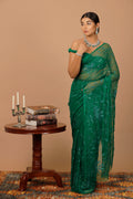 Green Handcrafted Sequins Jaal Chiffon Saree