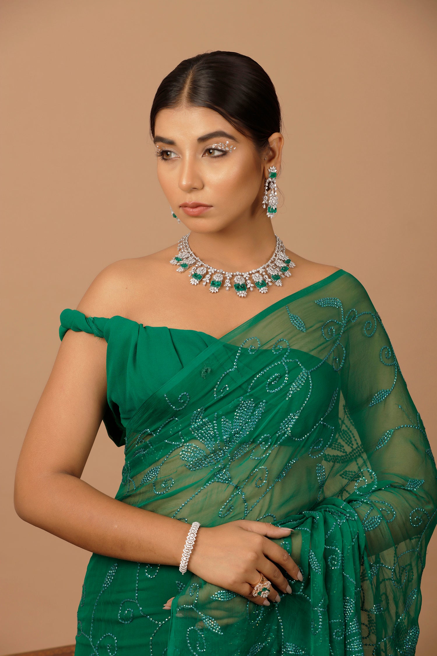 Green Handcrafted Sequins Jaal Chiffon Saree