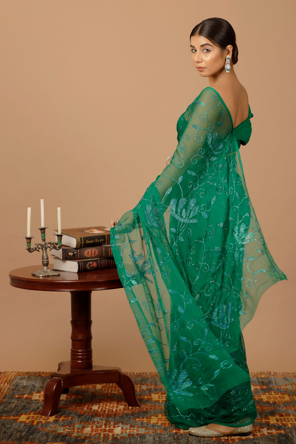 Green Handcrafted Sequins Jaal Chiffon Saree
