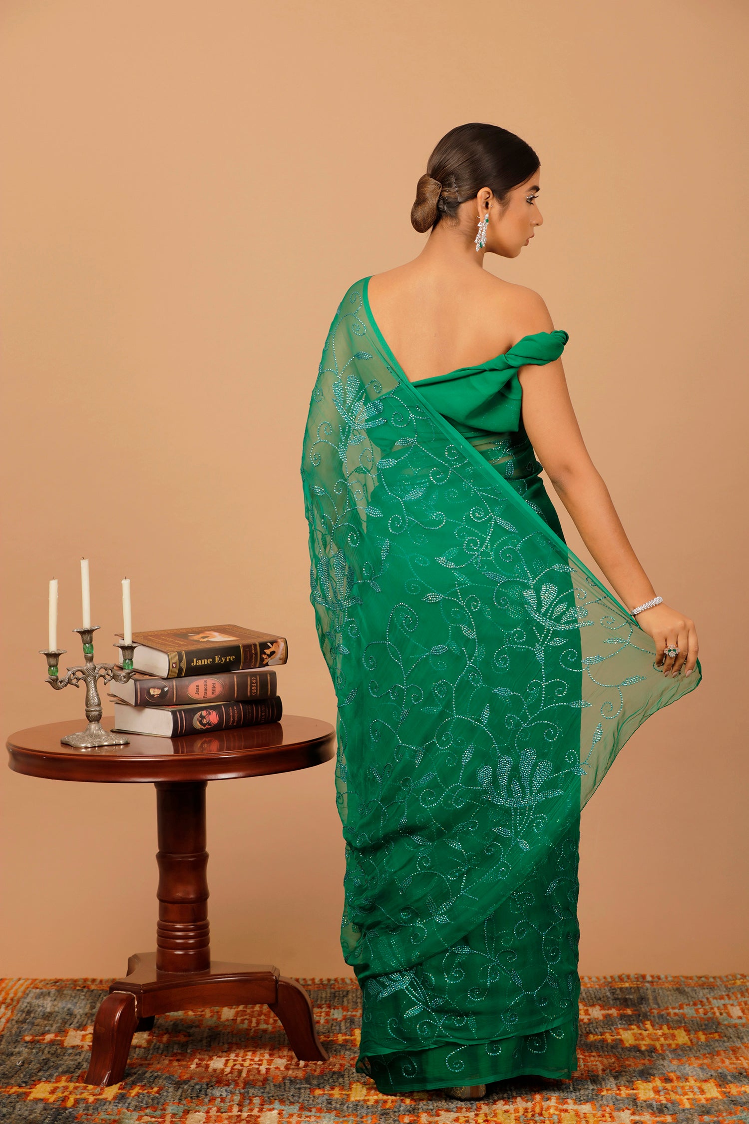 Green Handcrafted Sequins Jaal Chiffon Saree
