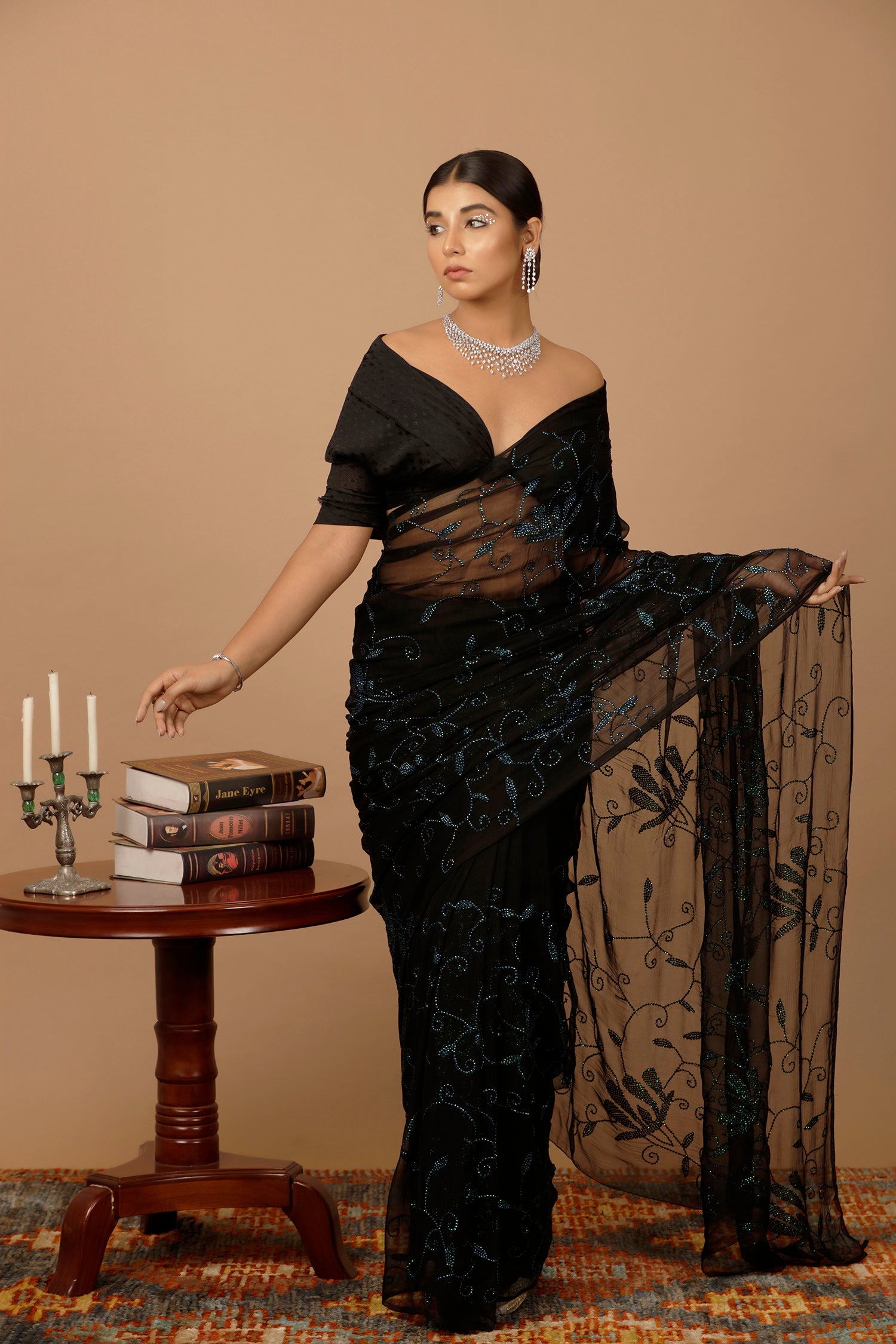 Black Hand Embellished Sequins Jaal Work Chiffon Saree