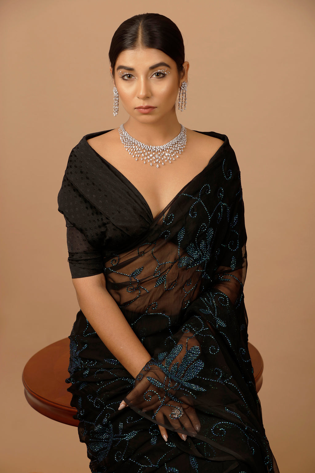 Black Hand Embellished Sequins Jaal Work Chiffon Saree