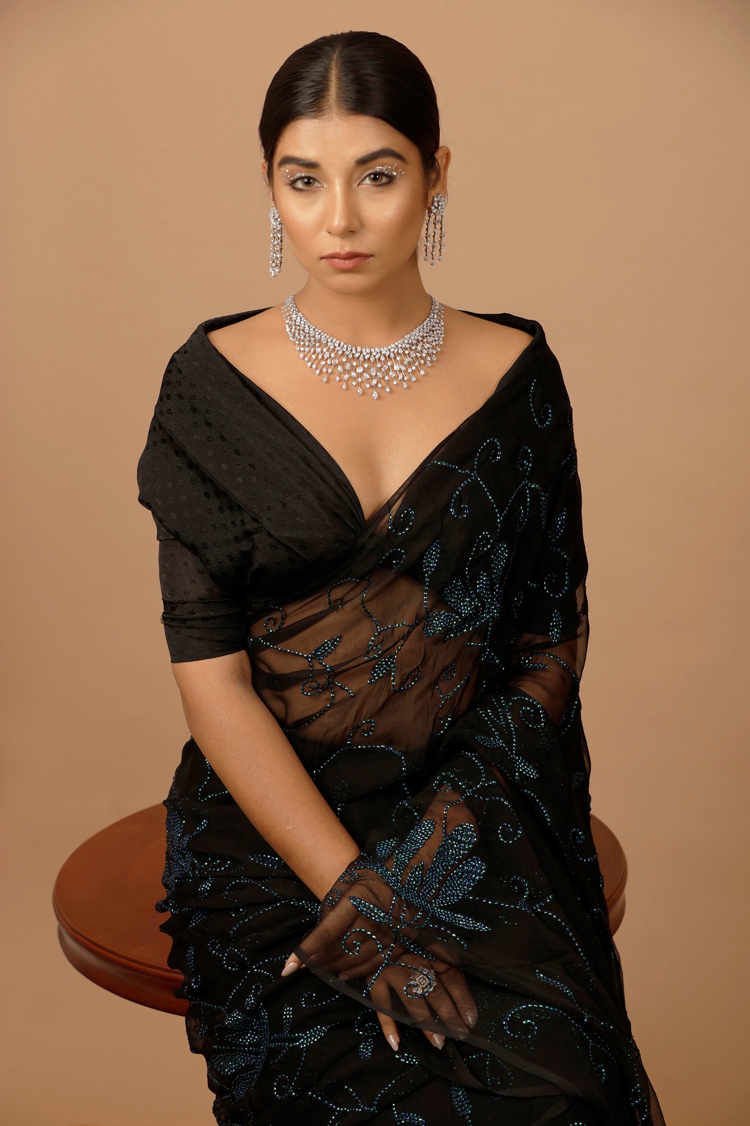 Black Hand Embellished Sequins Jaal Work Chiffon Saree