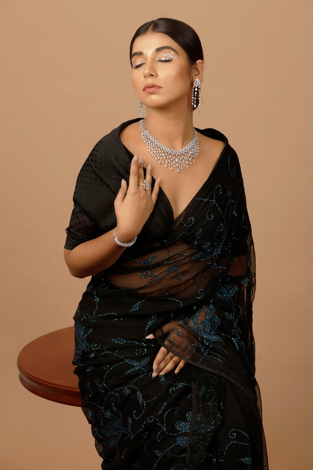 Black Hand Embellished Sequins Jaal Work Chiffon Saree