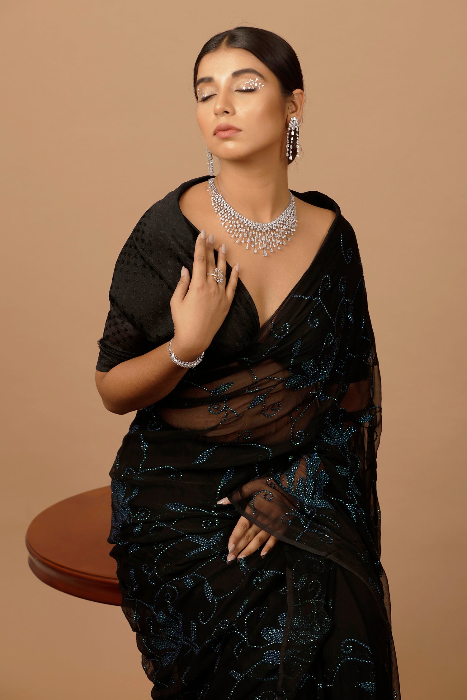 Black Hand Embellished Sequins Jaal Work Chiffon Saree
