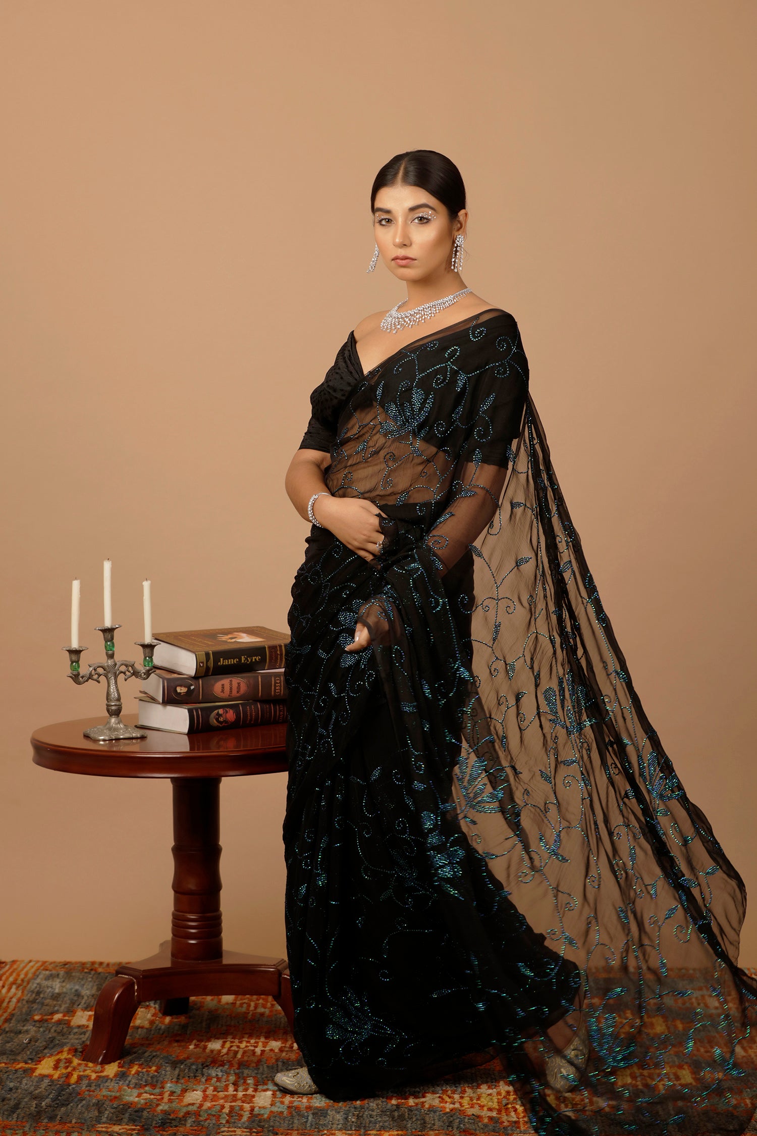 Black Hand Embellished Sequins Jaal Work Chiffon Saree