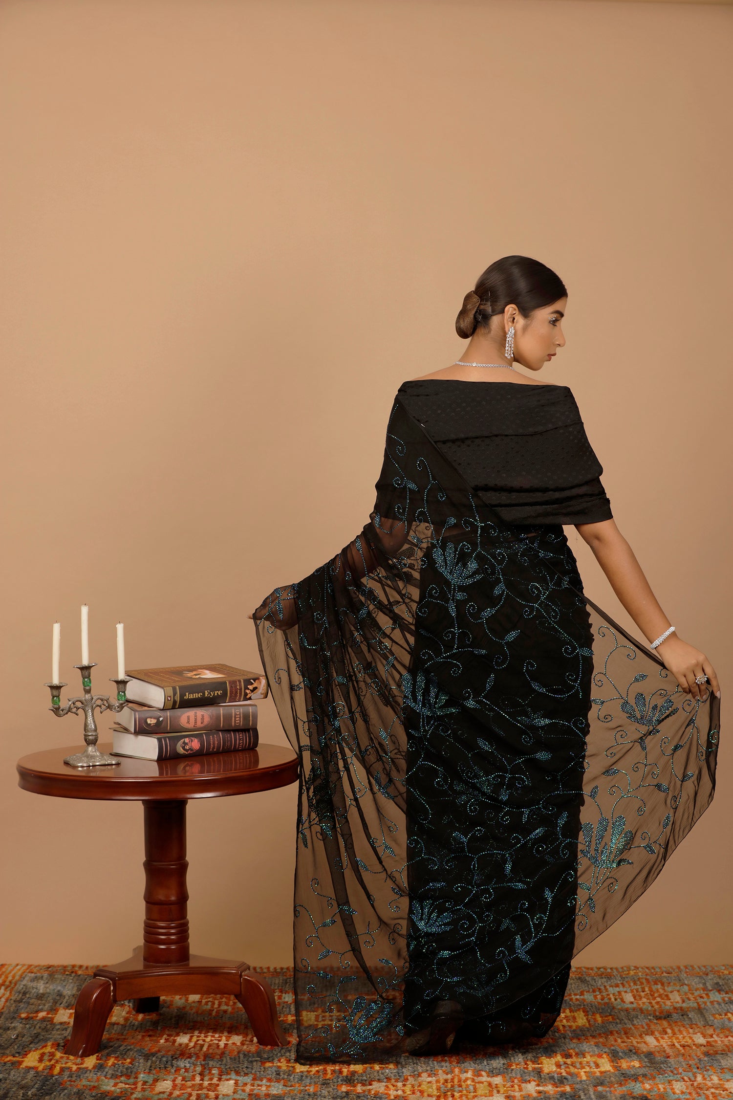 Black Hand Embellished Sequins Jaal Work Chiffon Saree