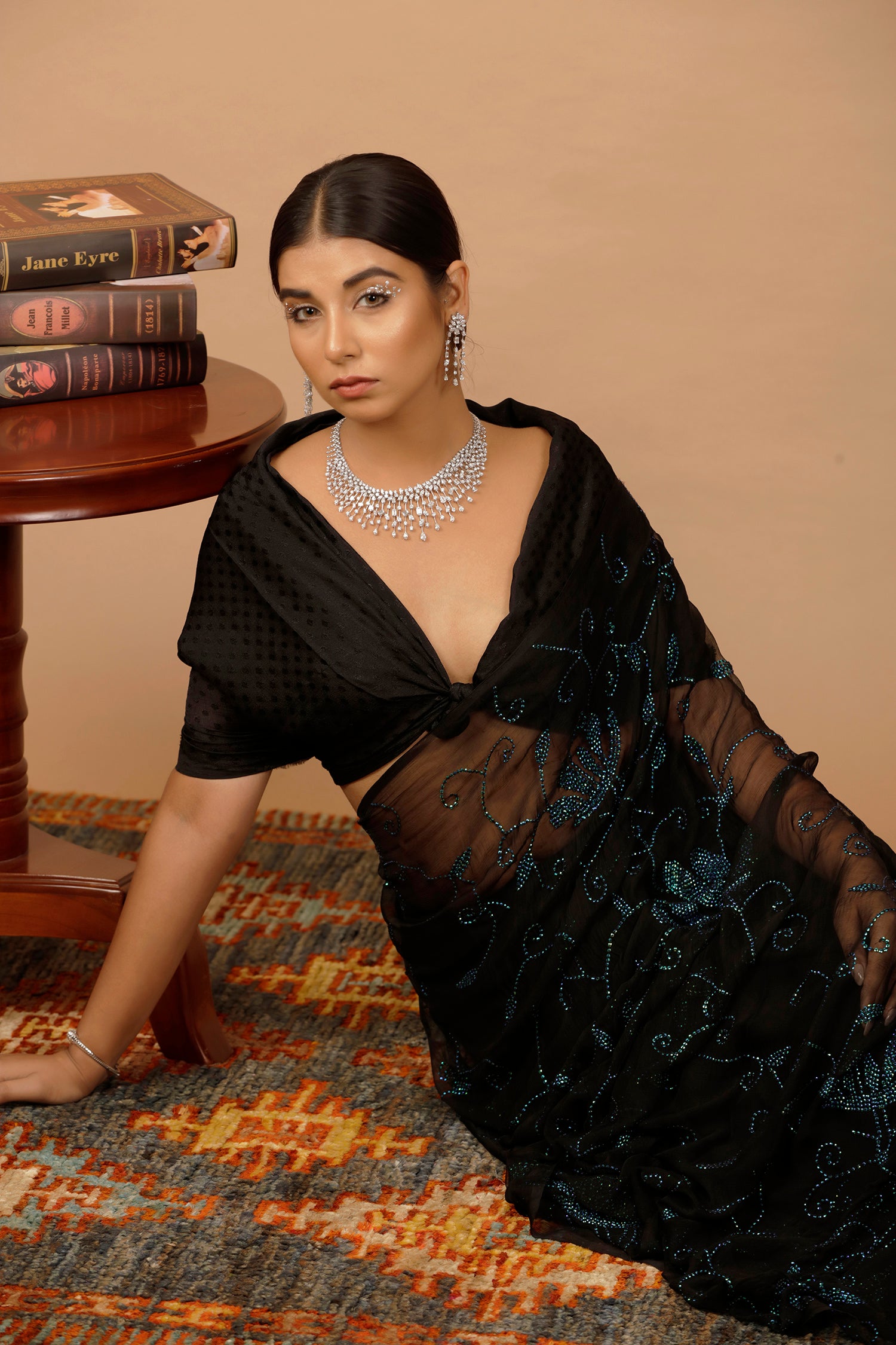 Black Hand Embellished Sequins Jaal Work Chiffon Saree