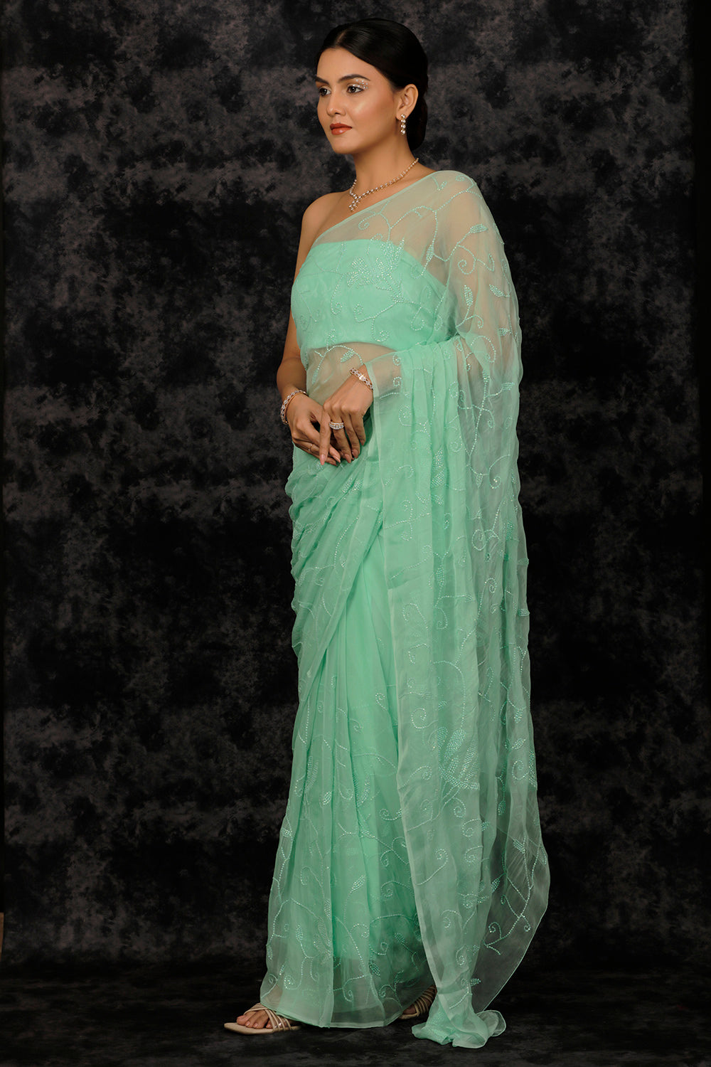 Sea Green Chiffon Hand Embroidered Sequins Jaal Saree