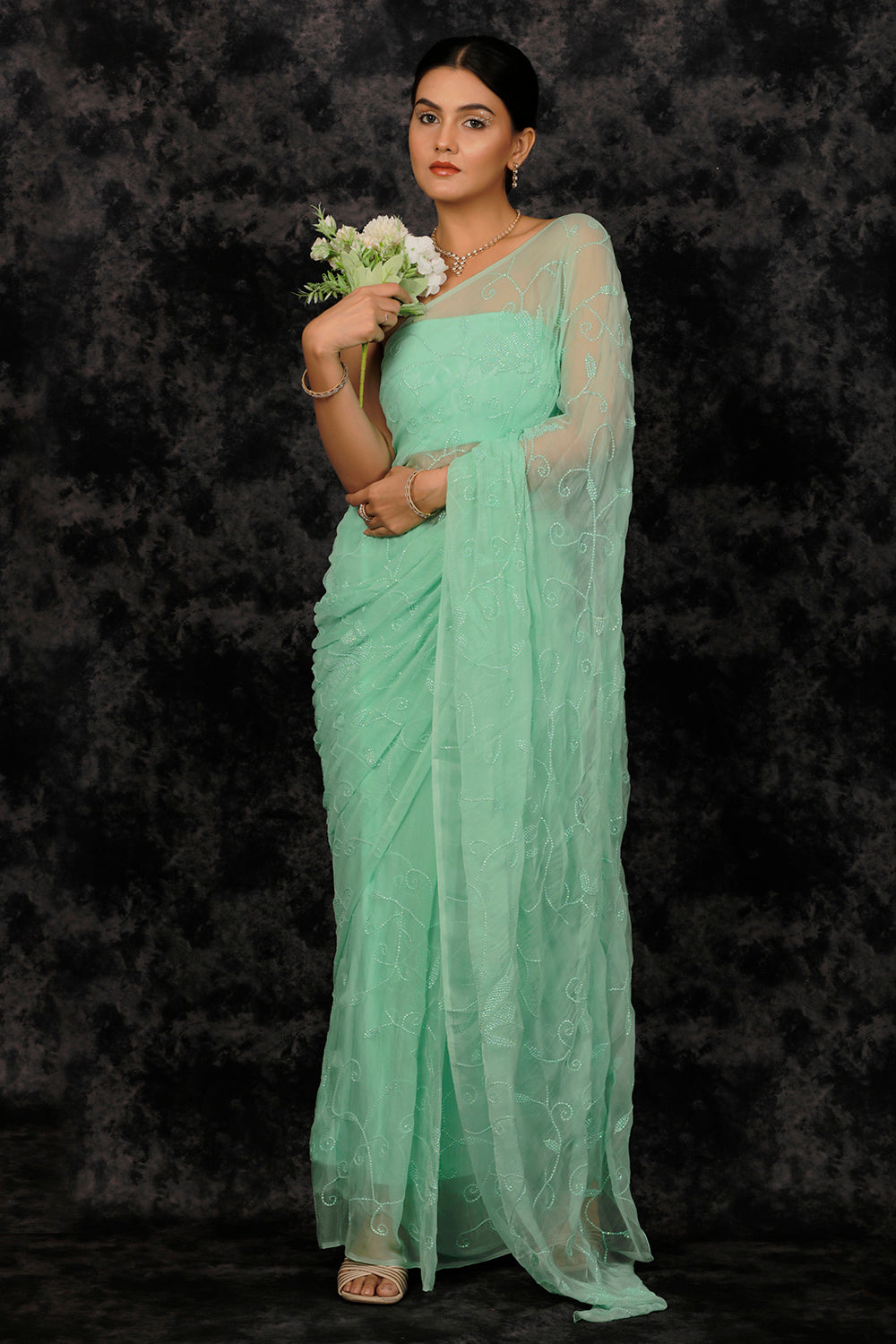 Sea Green Chiffon Hand Embroidered Sequins Jaal Saree