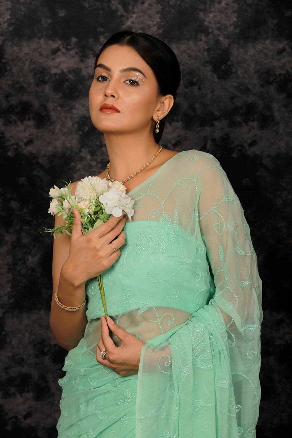 Sea Green Chiffon Hand Embroidered Sequins Jaal Saree