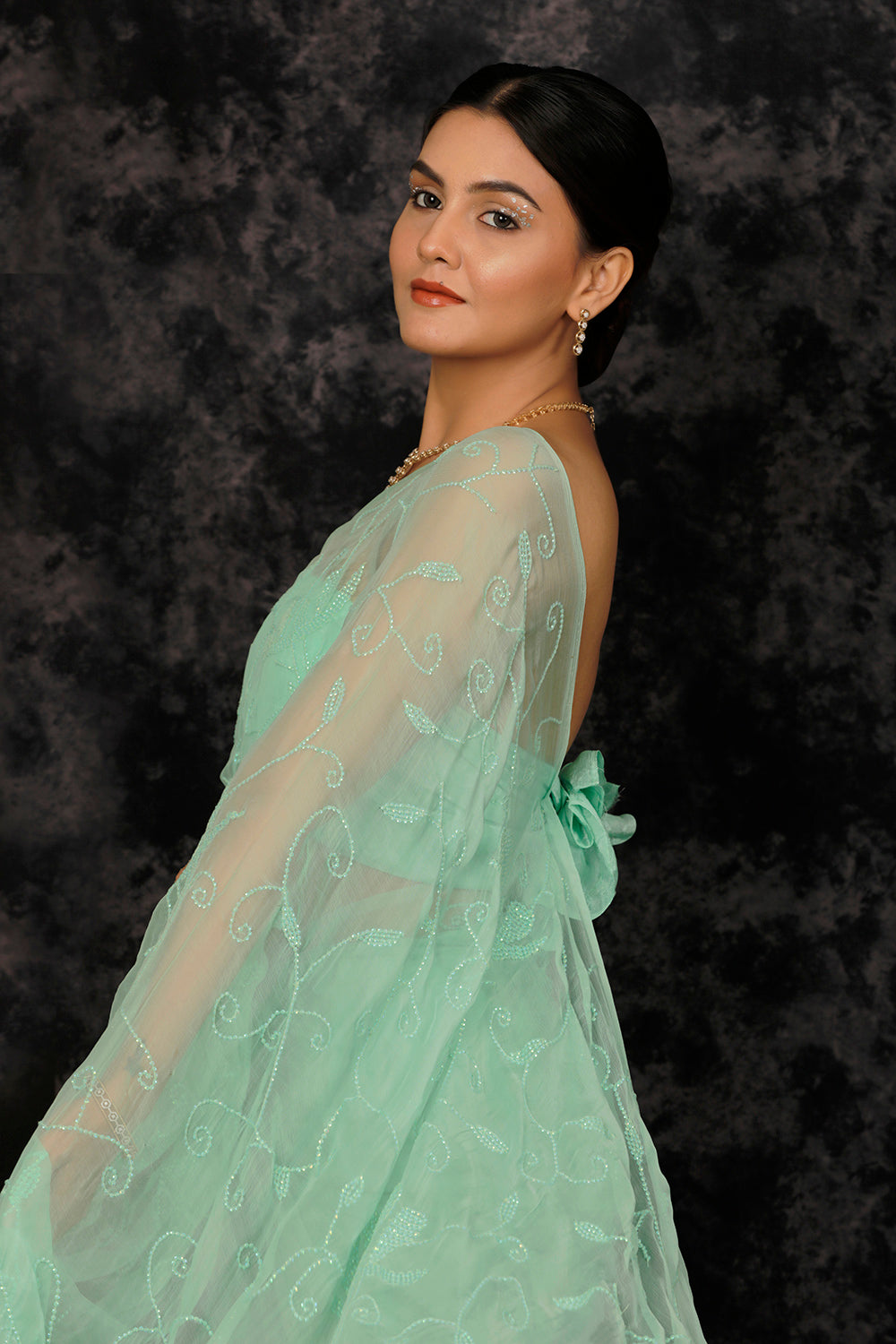 Sea Green Chiffon Hand Embroidered Sequins Jaal Saree