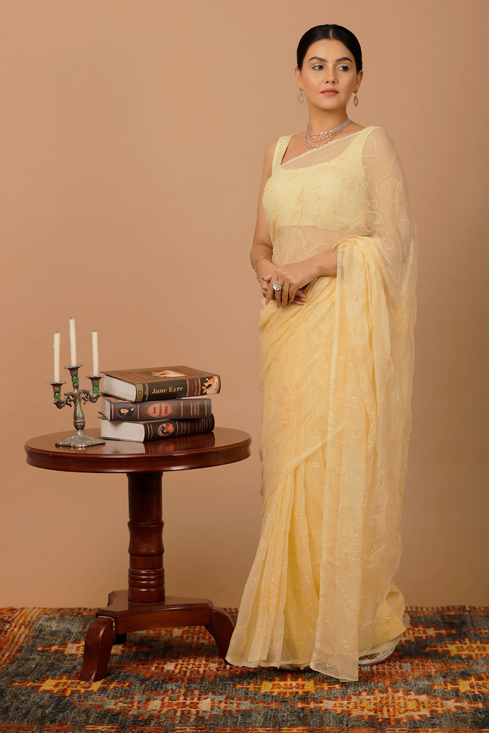 Beige Chiffon Hand Embroidered Sequins Jaal Saree