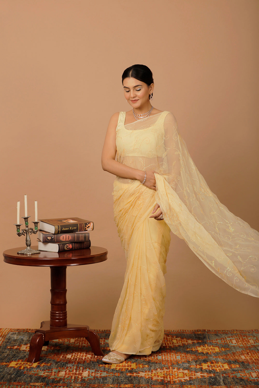 Beige Chiffon Hand Embroidered Sequins Jaal Saree