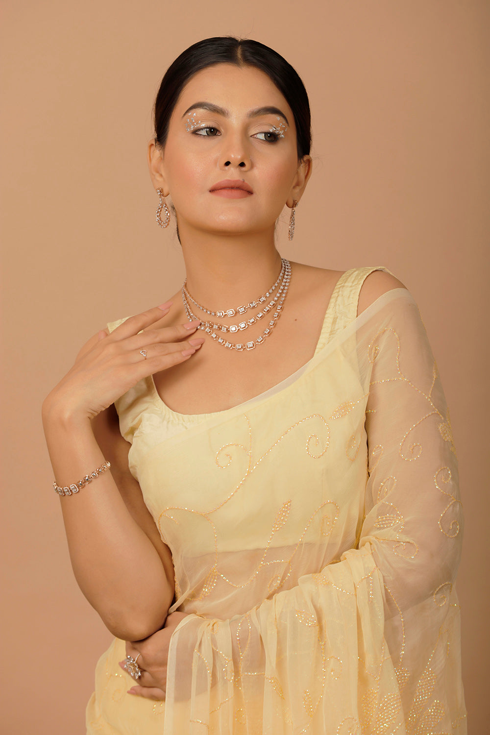 Beige Chiffon Hand Embroidered Sequins Jaal Saree