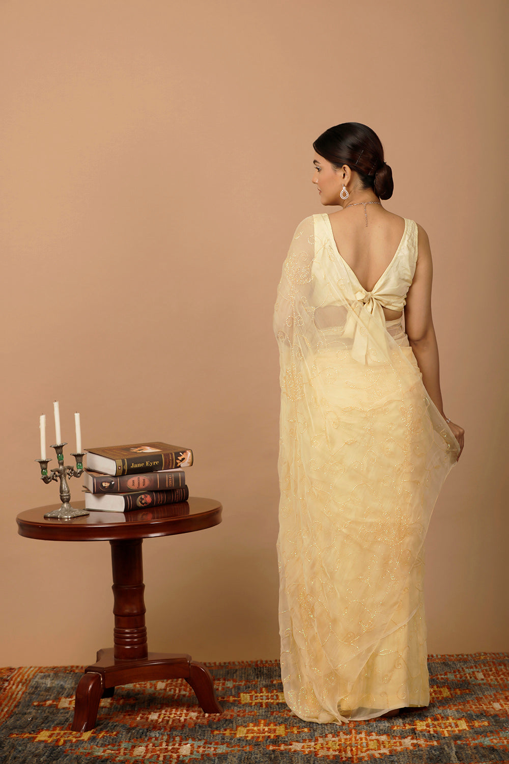 Beige Chiffon Hand Embroidered Sequins Jaal Saree
