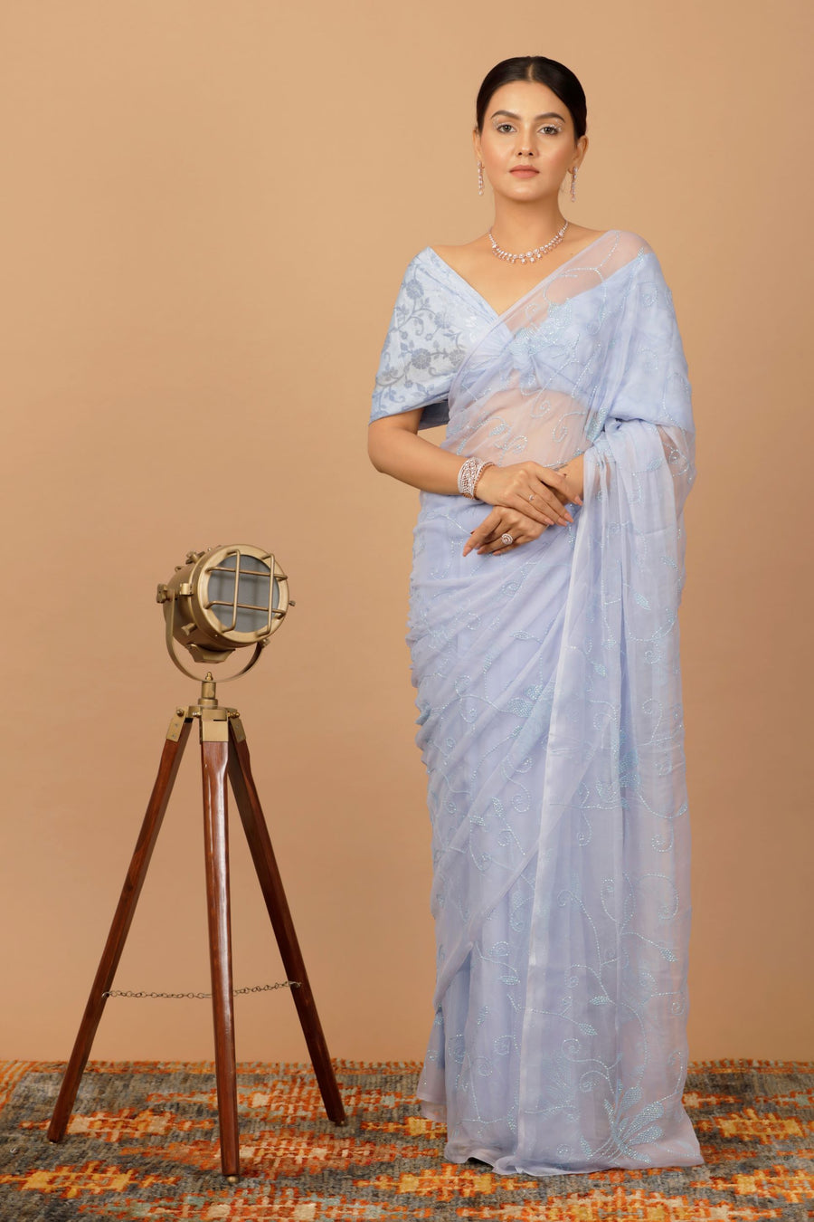 Lavender Chiffon Hand Embroidered Sequins Jaal Saree