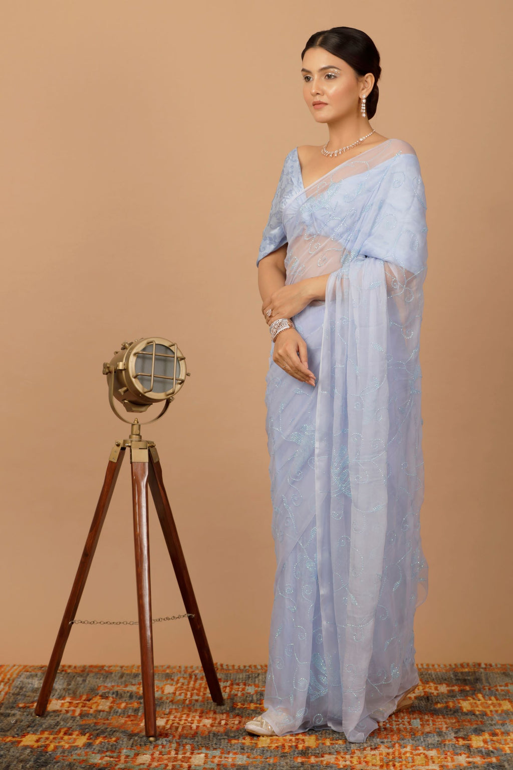 Lavender Chiffon Hand Embroidered Sequins Jaal Saree