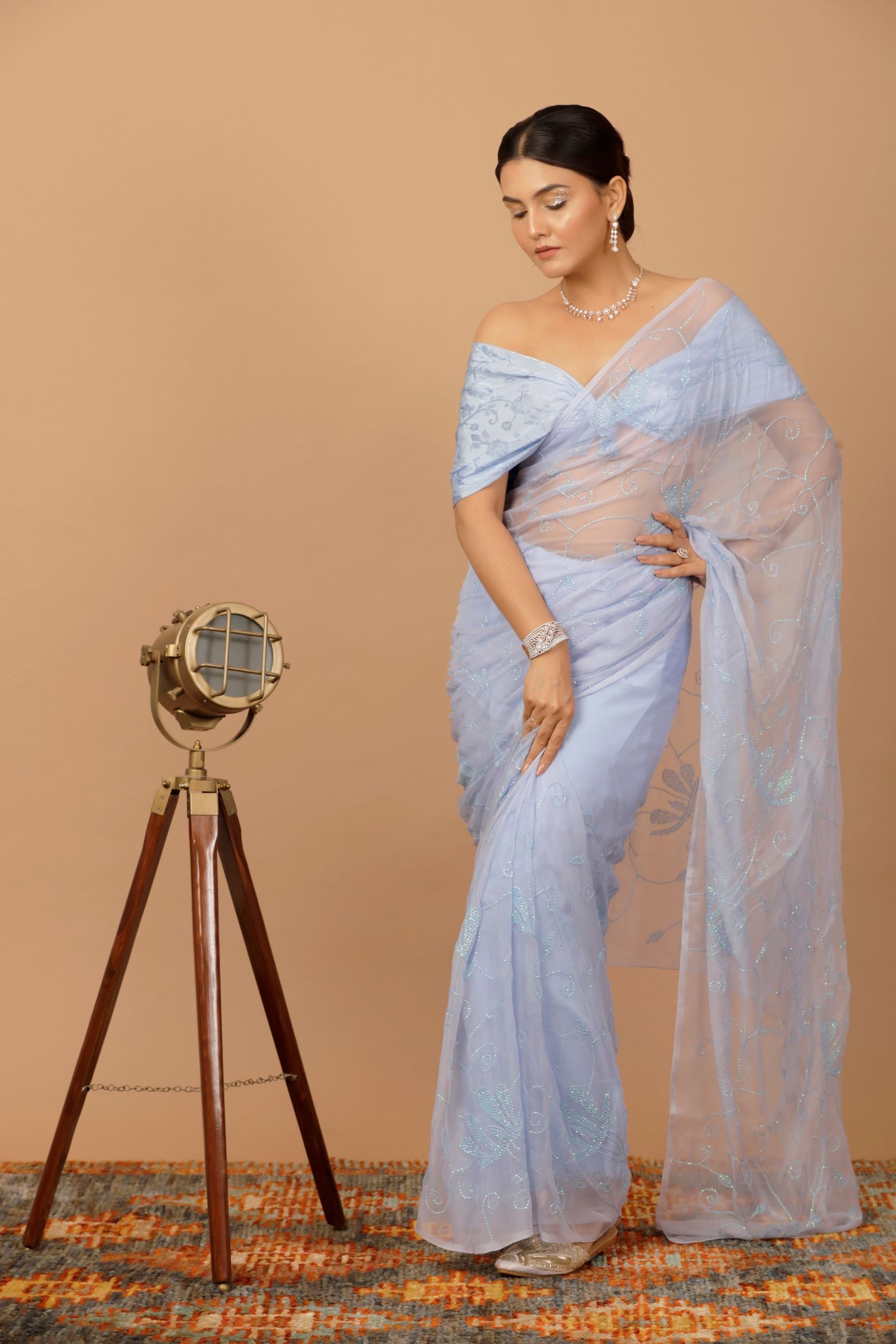 Lavender Chiffon Hand Embroidered Sequins Jaal Saree