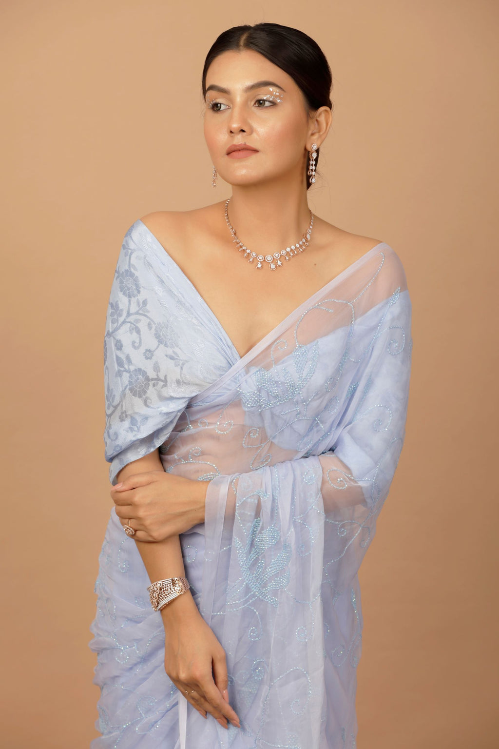 Lavender Chiffon Hand Embroidered Sequins Jaal Saree