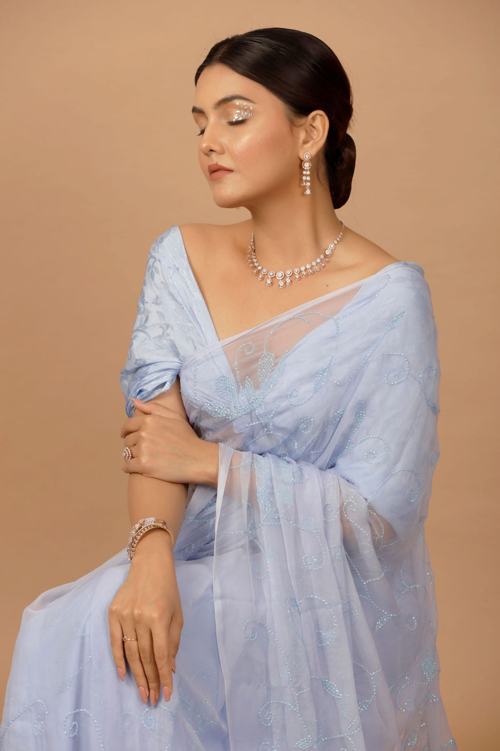 Lavender Chiffon Hand Embroidered Sequins Jaal Saree