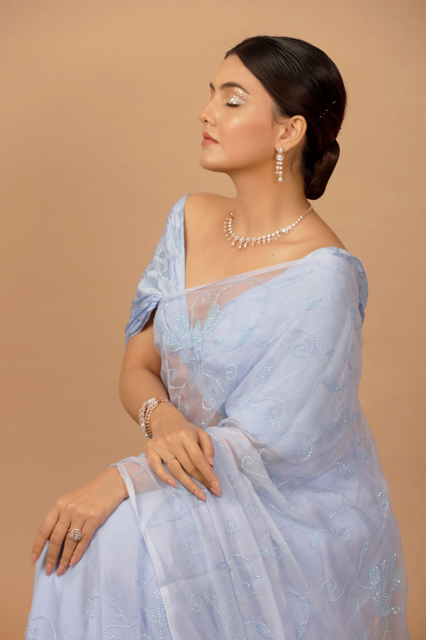 Lavender Chiffon Hand Embroidered Sequins Jaal Saree