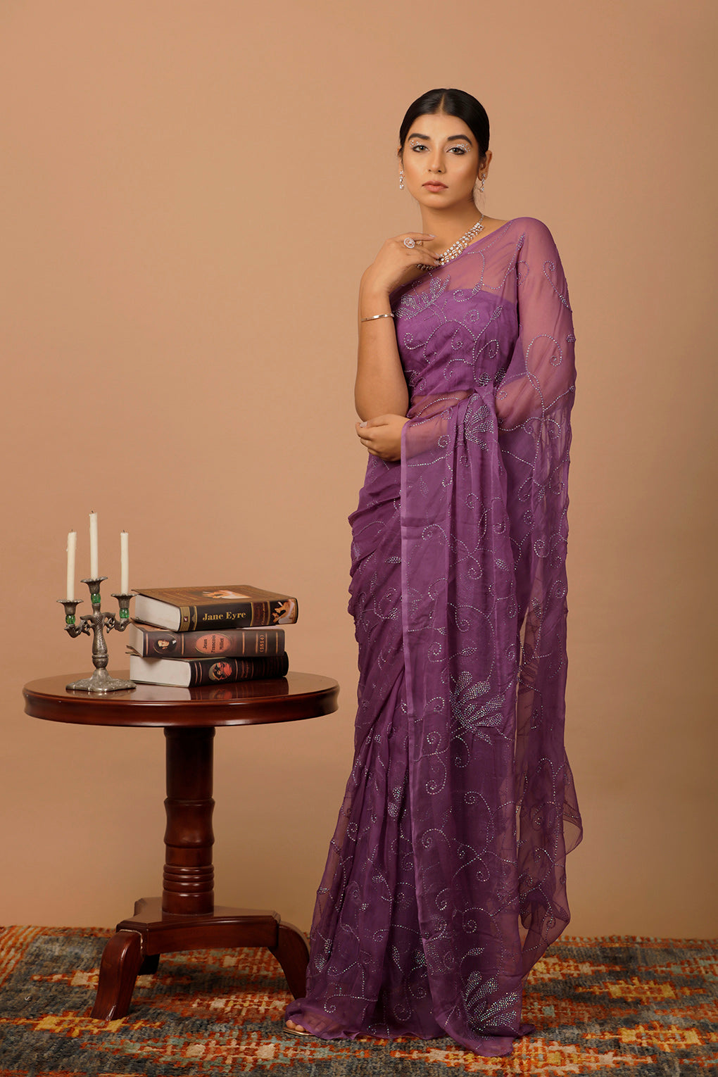 Purple Chiffon Hand Embroidered Sequins Jaal Saree