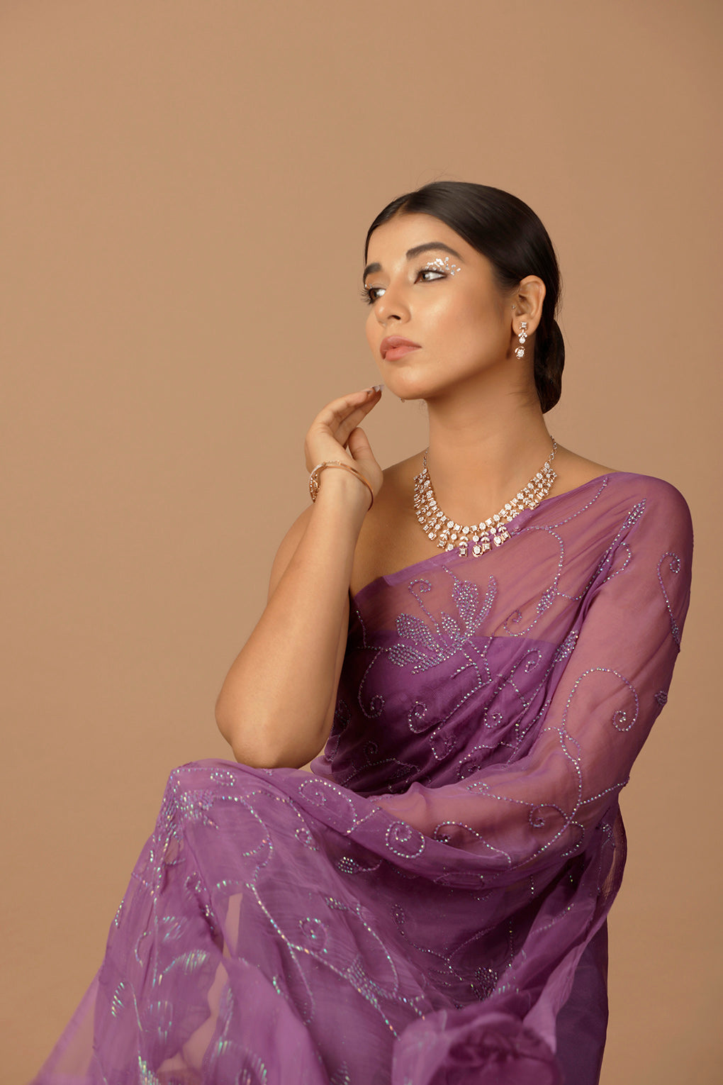 Purple Chiffon Hand Embroidered Sequins Jaal Saree