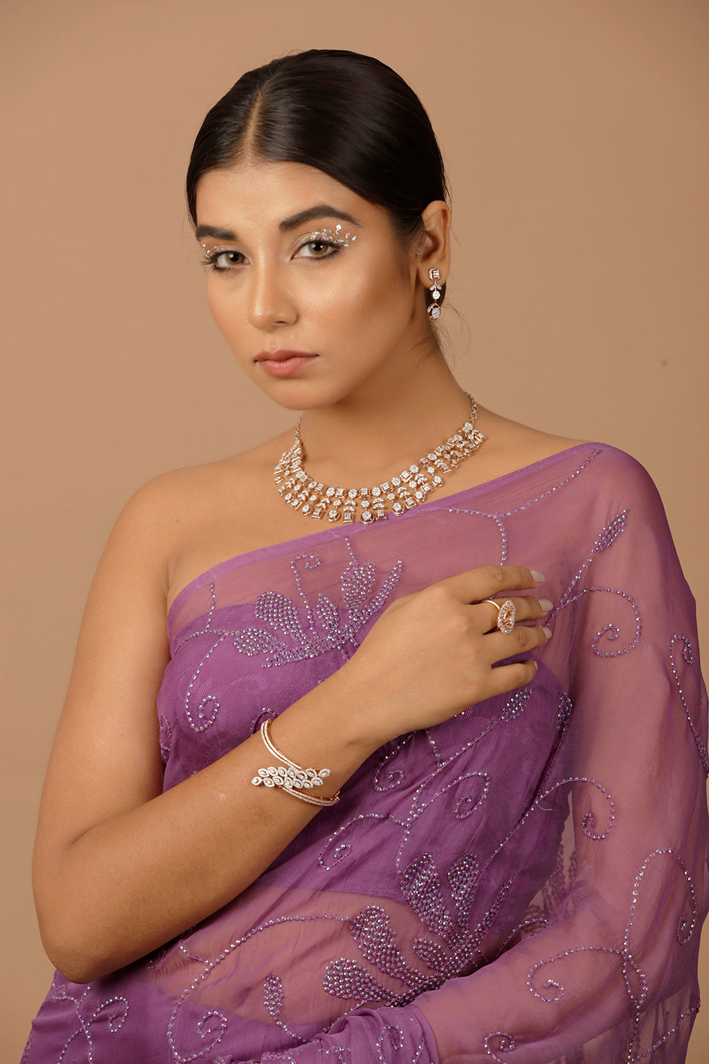 Purple Chiffon Hand Embroidered Sequins Jaal Saree