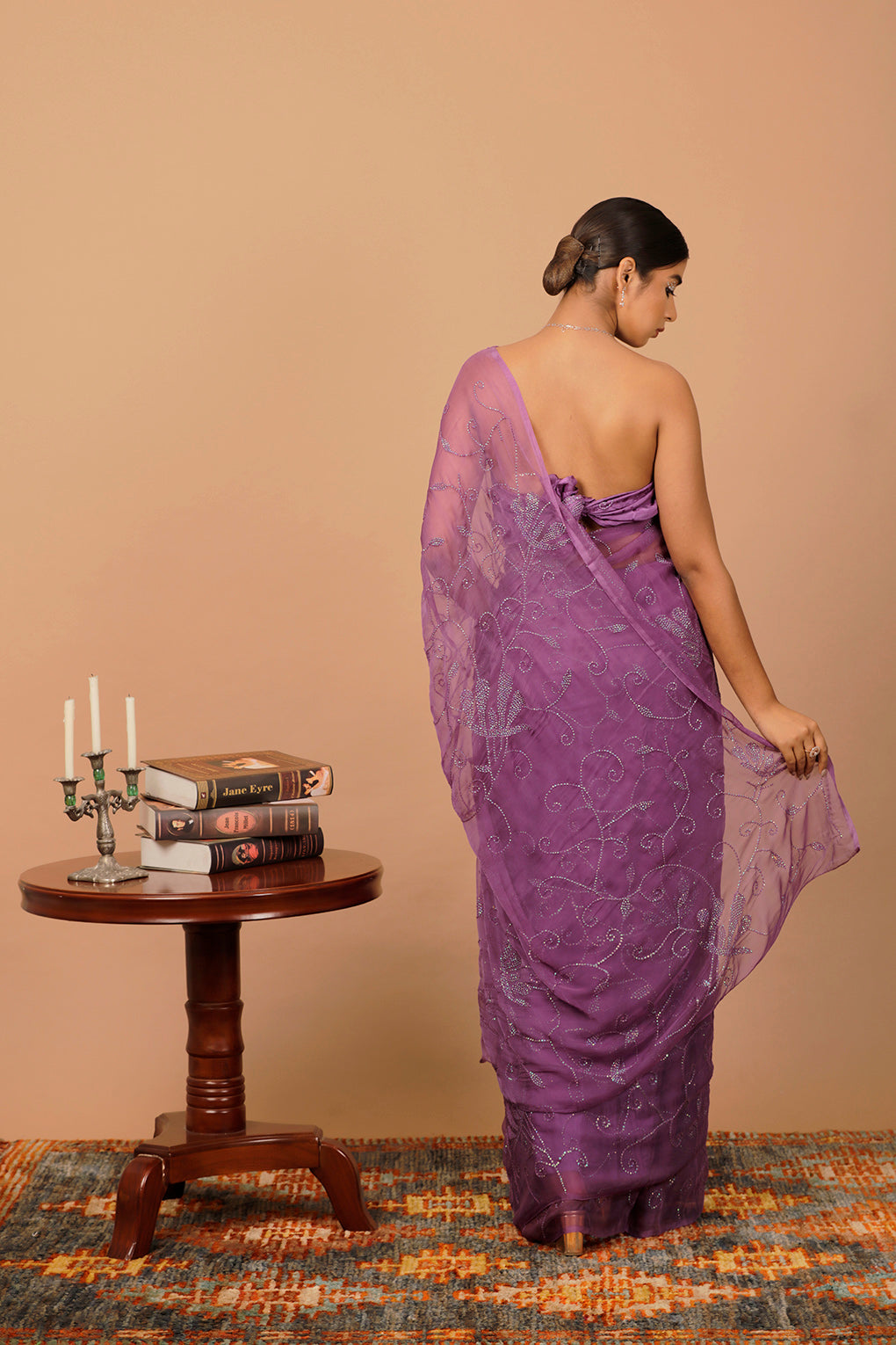Purple Chiffon Hand Embroidered Sequins Jaal Saree