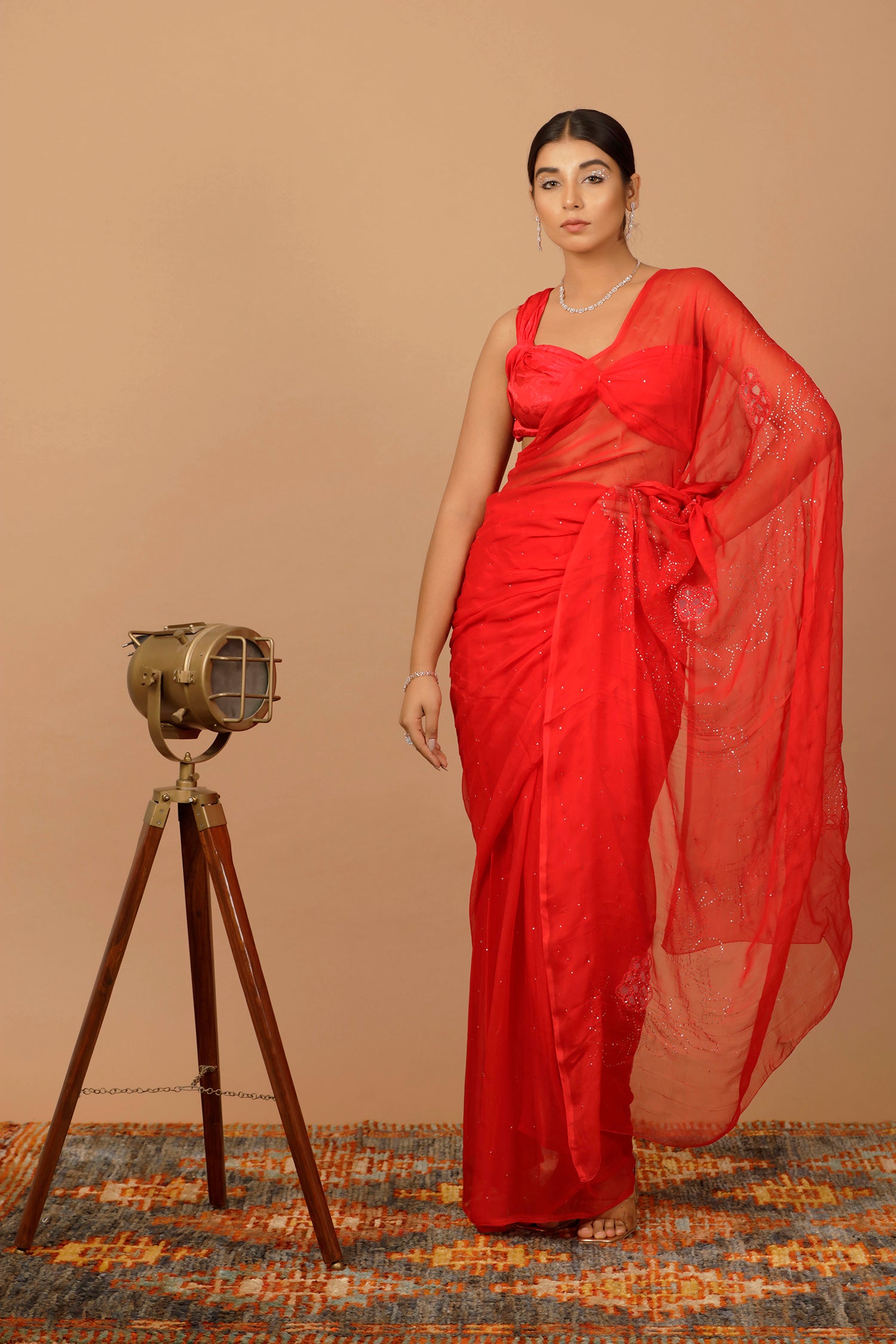 Red Hand Embroidered Mukaish Net-Patch Chiffon Saree