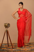 Red Hand Embroidered Mukaish Net-Patch Chiffon Saree