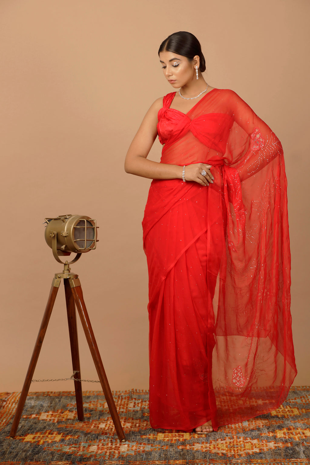 Red Hand Embroidered Mukaish Net-Patch Chiffon Saree