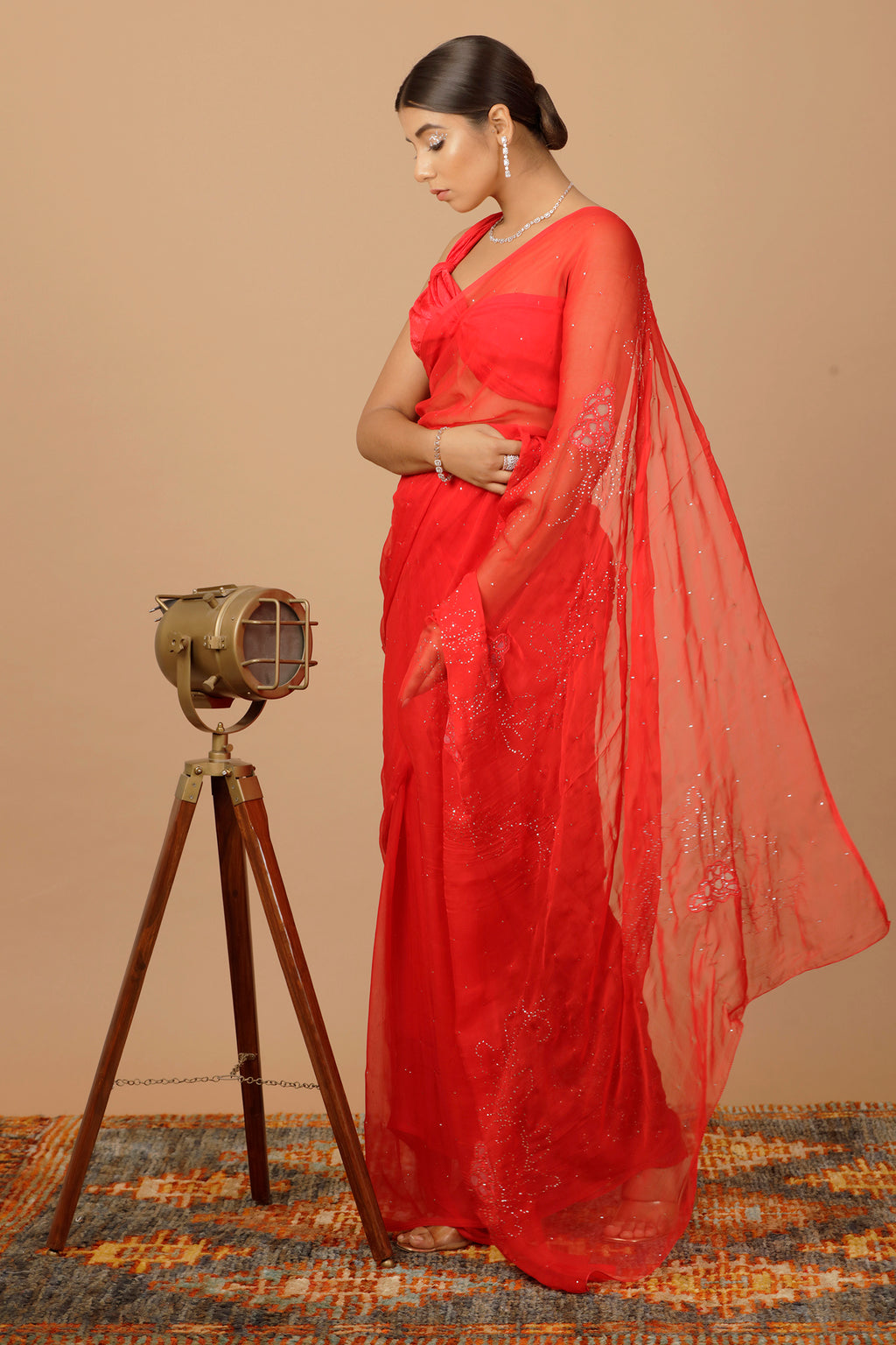 Red Hand Embroidered Mukaish Net-Patch Chiffon Saree