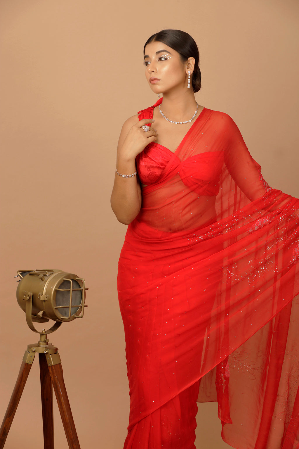 Red Hand Embroidered Mukaish Net-Patch Chiffon Saree