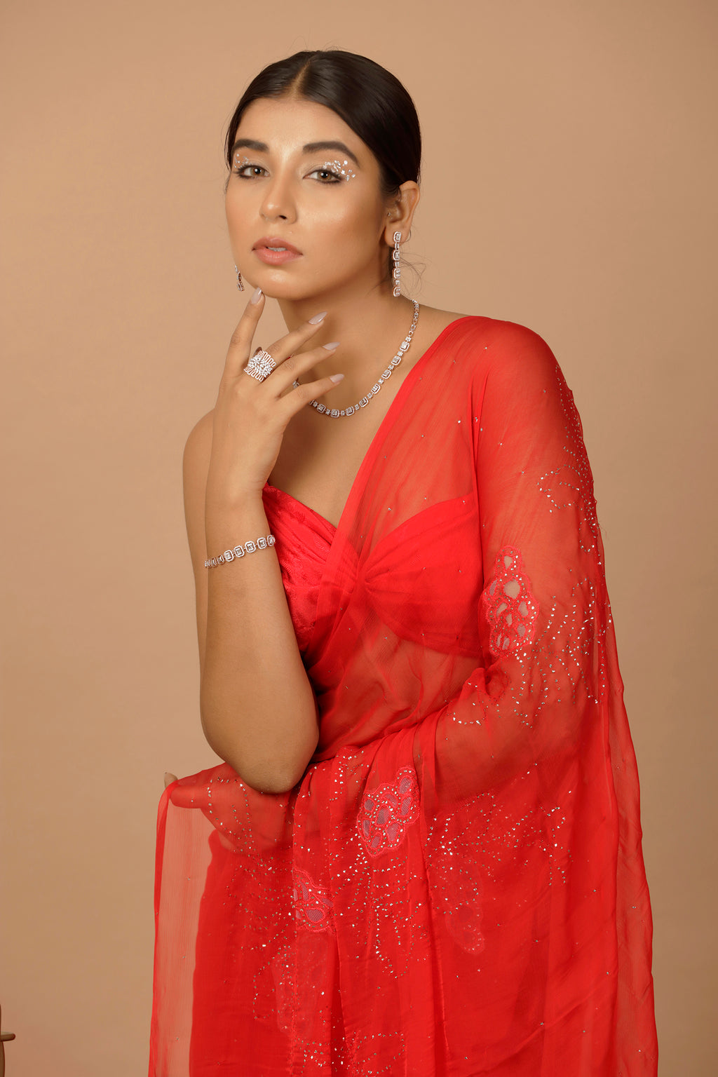 Red Hand Embroidered Mukaish Net-Patch Chiffon Saree