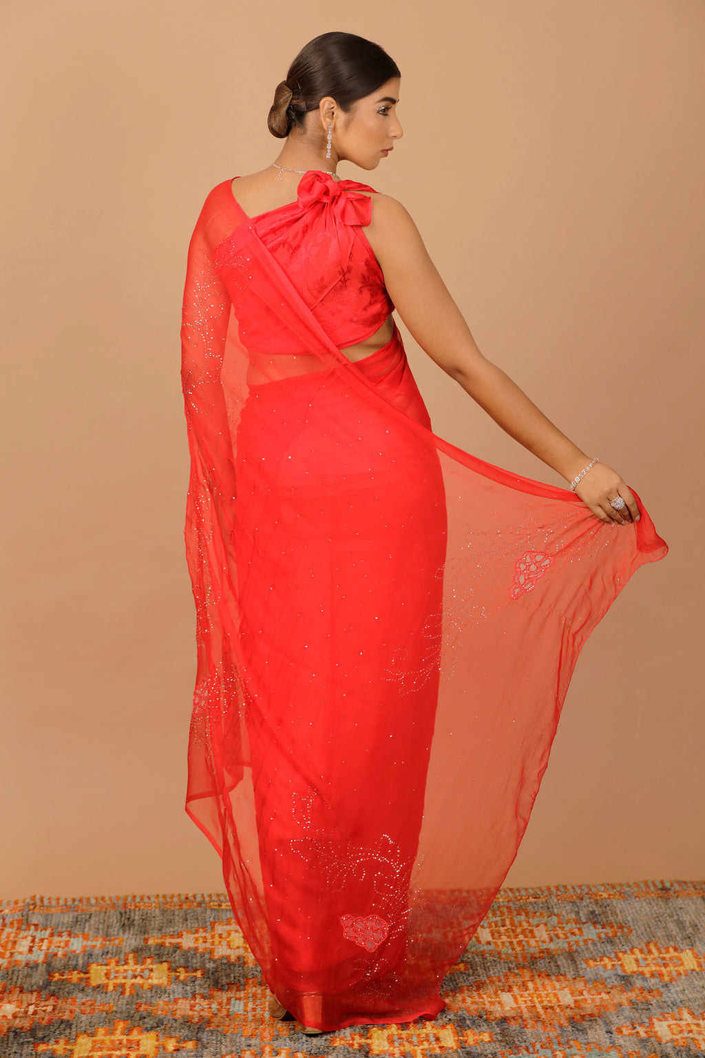 Red Hand Embroidered Mukaish Net-Patch Chiffon Saree