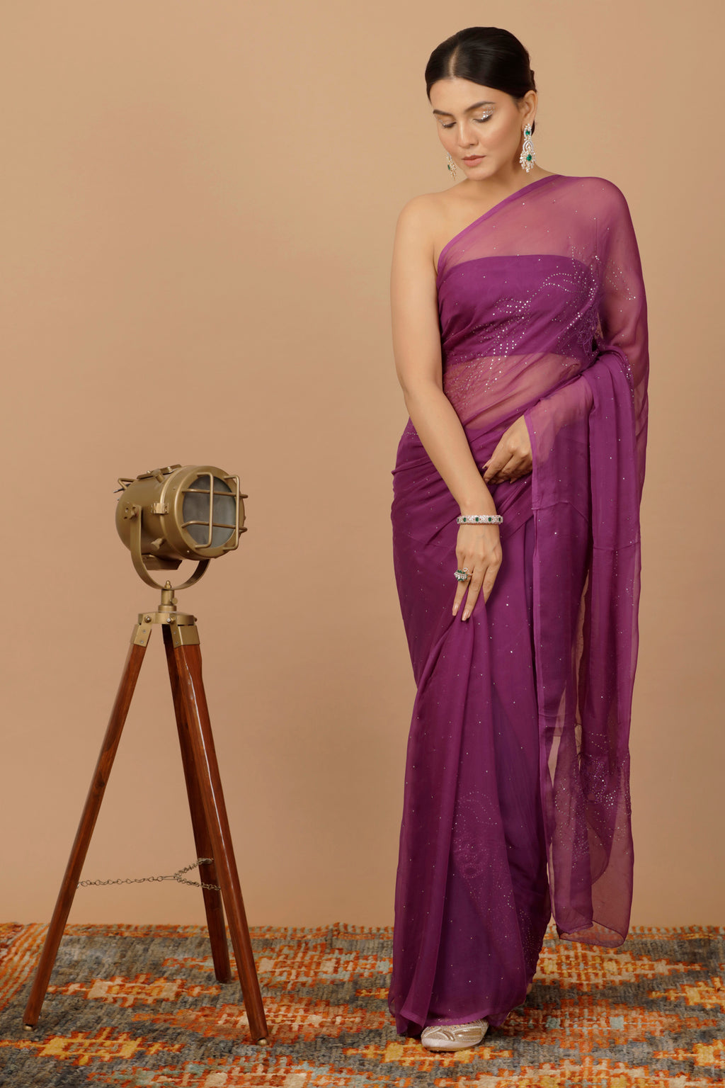 Purple Hand Embroidered Mukaish Net-Patch Chiffon Saree